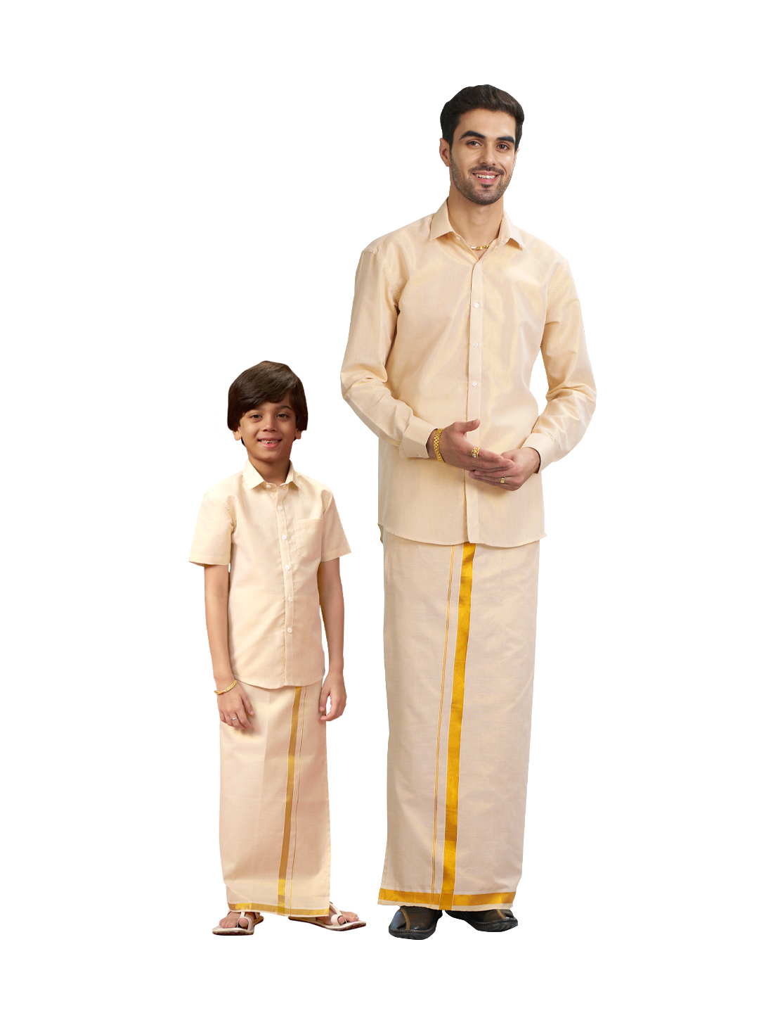 Junior Senior Gold Colour Tissue Shirt with Jari Dhoti Combo