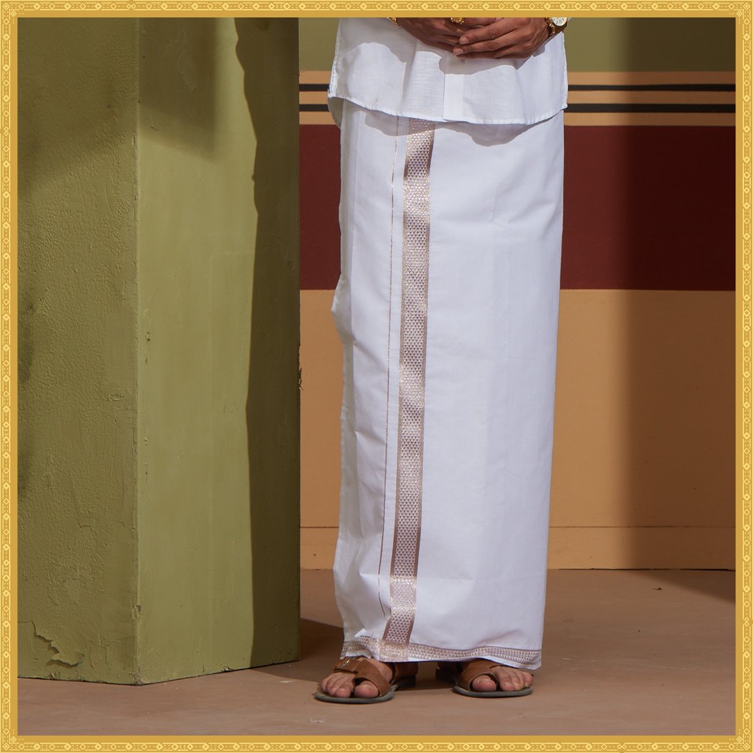 Stylesindia Fancy Border Colored Dhoti Mundu - Single Layer 2.0m Cotton Blend Vesti (Grey)