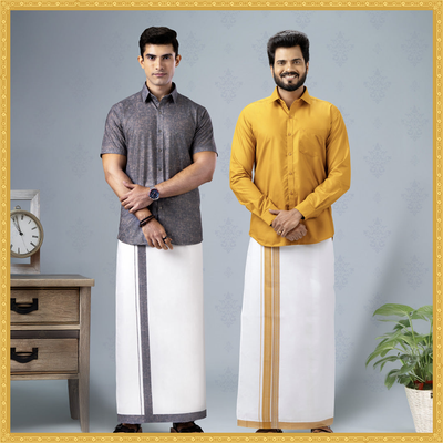 Minister White Printed Border Dhoti & Shirt Combo