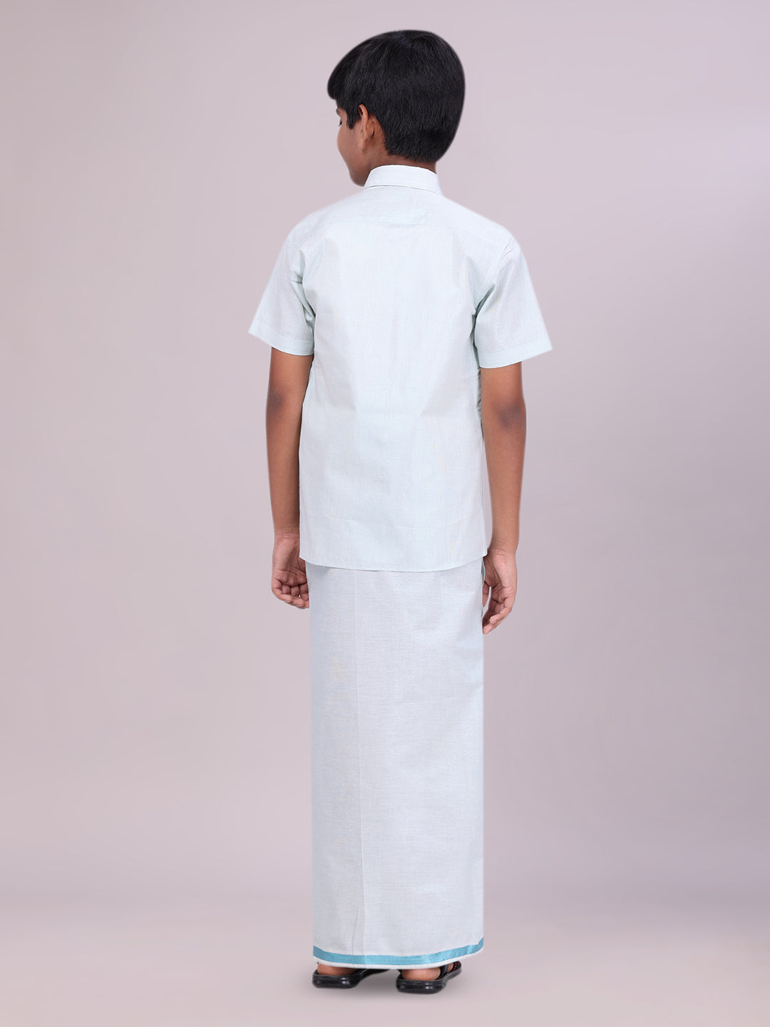 Boys Tissue Mint Blue Colour Shirt with Dhoti Combo back pose