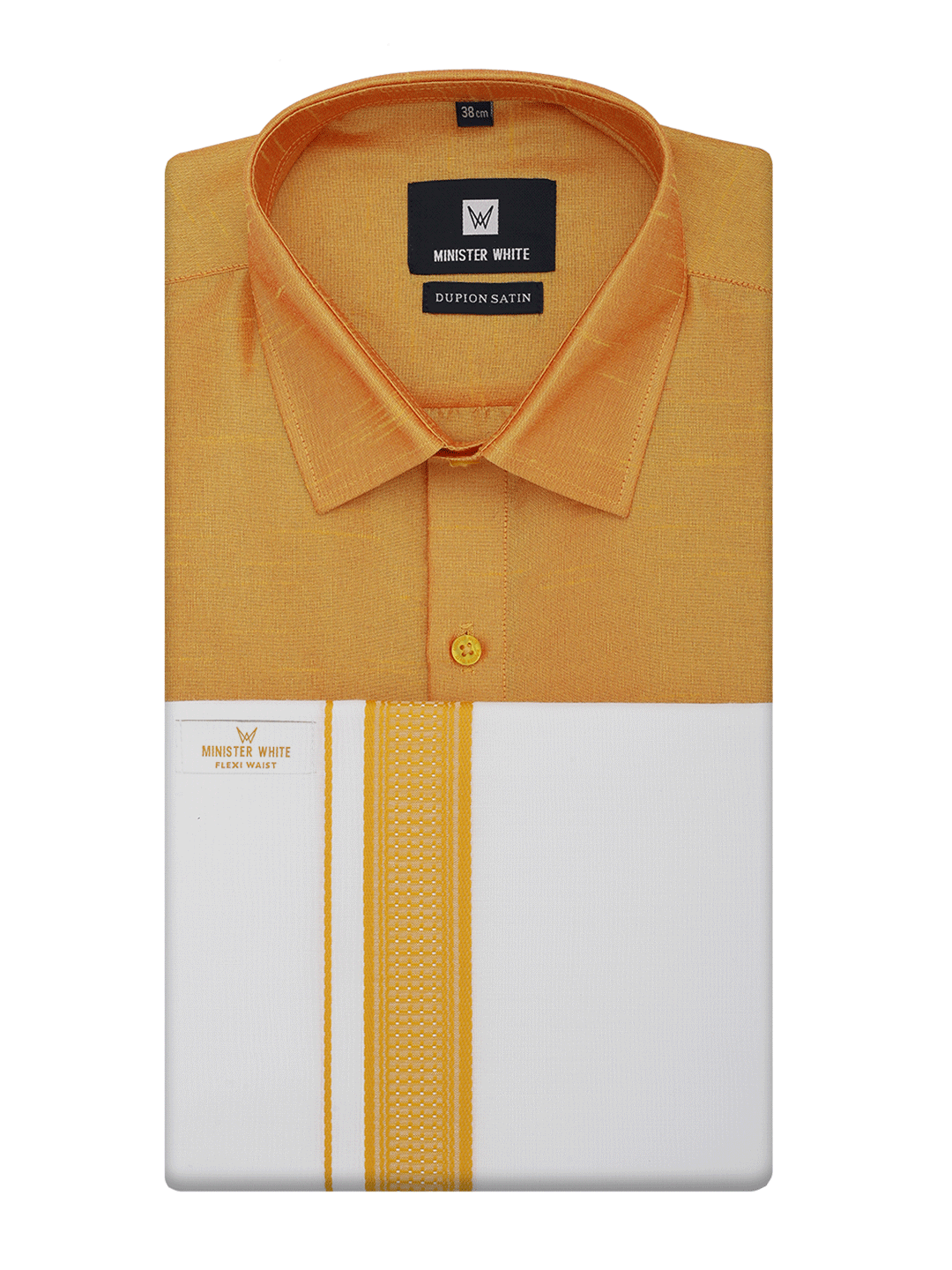 Mens Yellow Dupion Satin Color Shirt with Matching Border Flexi Dhoti Combo Gora Flexi