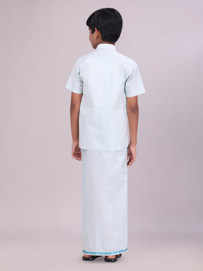 Boys Tissue Mint Blue Colour Shirt with Dhoti Combo back pose