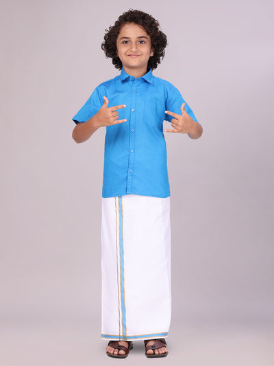 Boys Blue Matching Half Sleeves Shirt with Fancy Flexi Dhoti Combo 