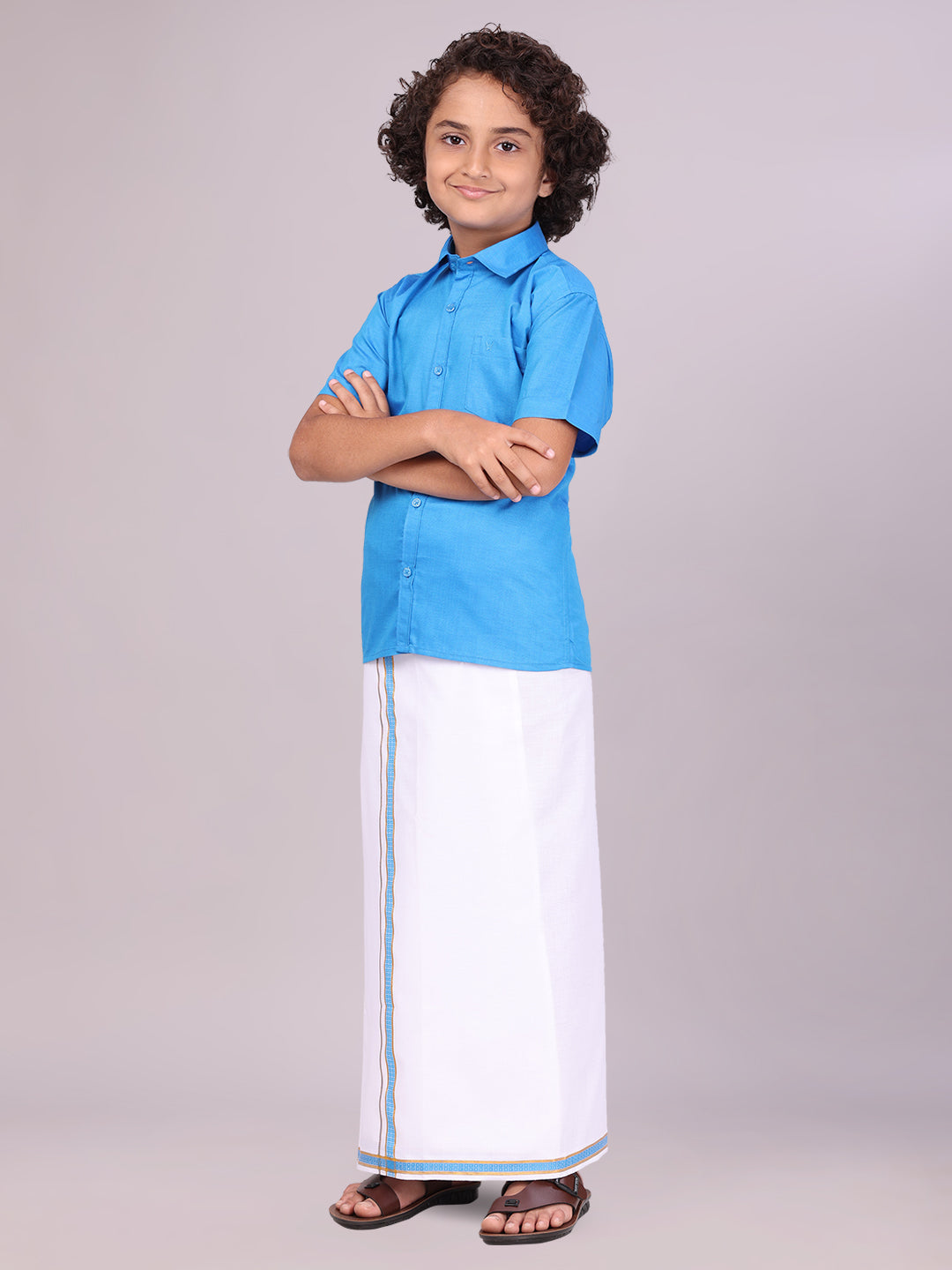 Boys Blue Matching Half Sleeves Shirt with Fancy Flexi Dhoti Combo side pose