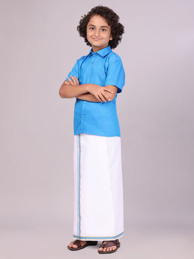 Boys Blue Matching Half Sleeves Shirt with Fancy Flexi Dhoti Combo side pose