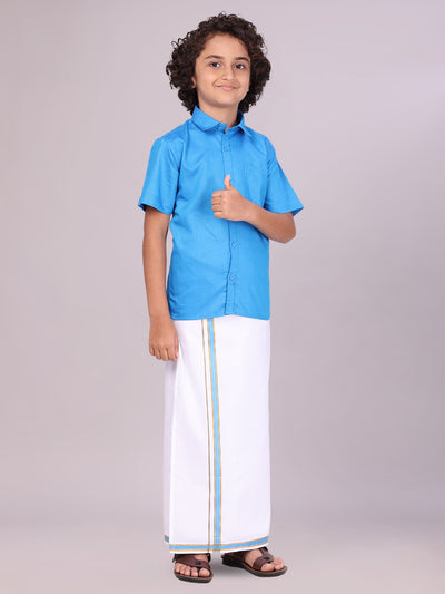 Boys Blue Matching Half Sleeves Shirt with Fancy Flexi Dhoti Combo side pose