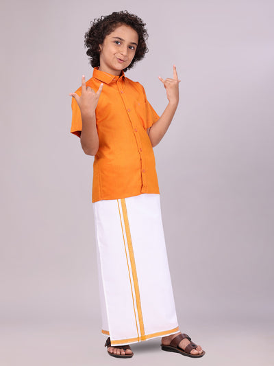 Boys Orange Matching Half Sleeves Shirt with Fancy Flexi Dhoti Combo side pose