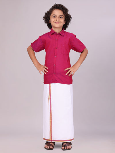 Boys Wine Matching Half Sleeves Shirt with Fancy Flexi Dhoti Combo 
