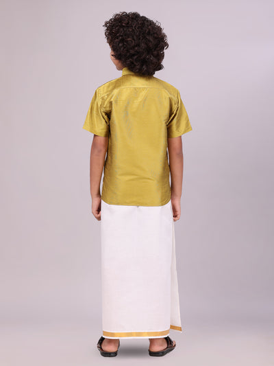Boys Light Green Color Half Sleeves Shirt with Gold Jari Flexi Dhoti back pose