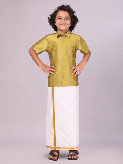 Boys Light Green Color Half Sleeves Shirt with Gold Jari Flexi Dhoti front pose