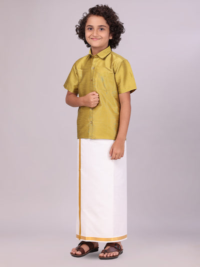Boys Light Green Color Half Sleeves Shirt with Gold Jari Flexi Dhoti side pose