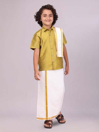 Boys Light Green Color Half Sleeves Shirt with Gold Jari Flexi Dhoti 