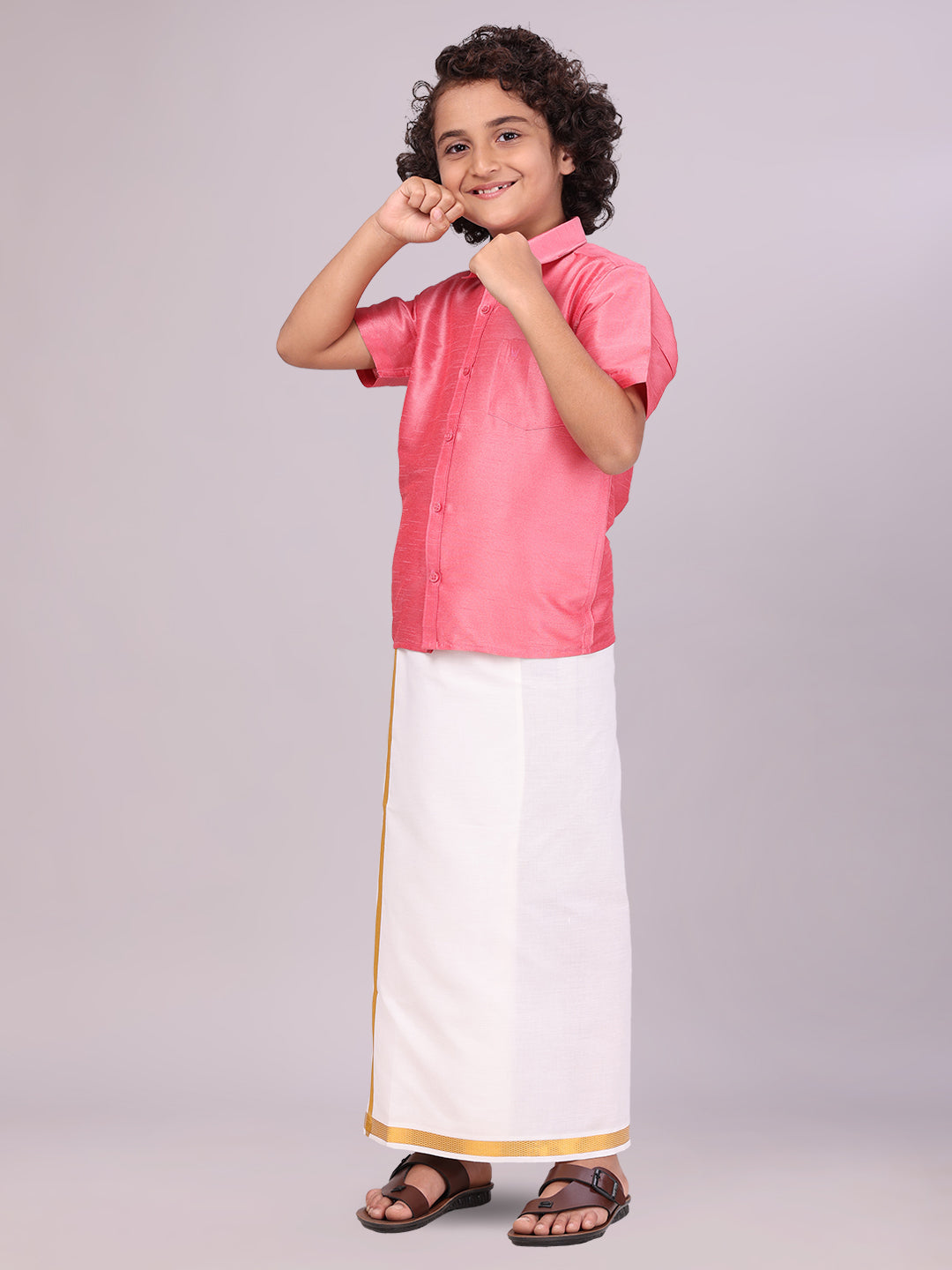 Dupion Satin Pink Shirt with Dhoti Combo for kids/ boys - side pose