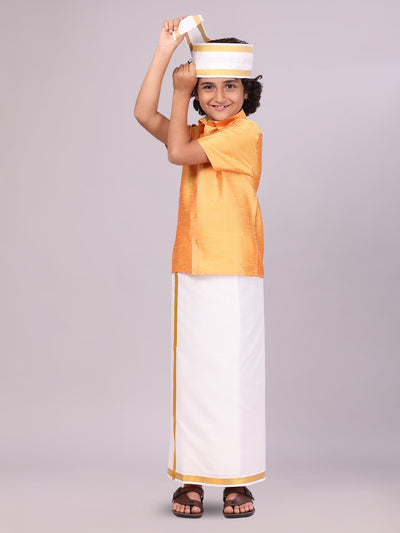 Boys Golden Yellow Color Half Sleeves Shirt with Gold Jari Flexi Dhoti