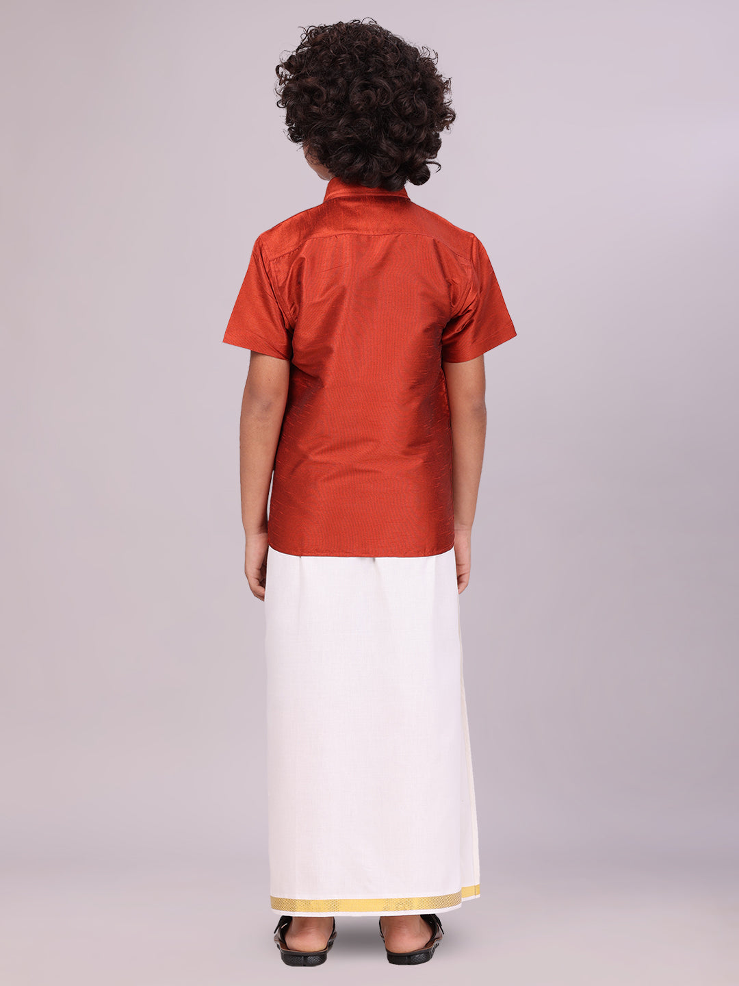 Boys Red Color Half Sleeves Shirt with Gold Jari Flexi Dhoti back pose