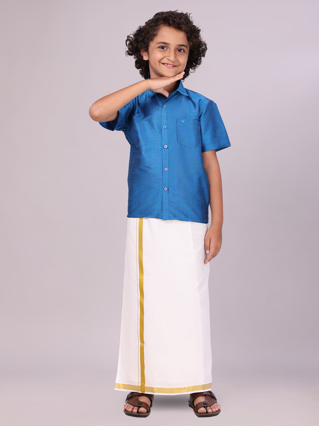 View details for Boys Blue Color Half Sleeves Shirt with Gold Jari Flexi Dhoti