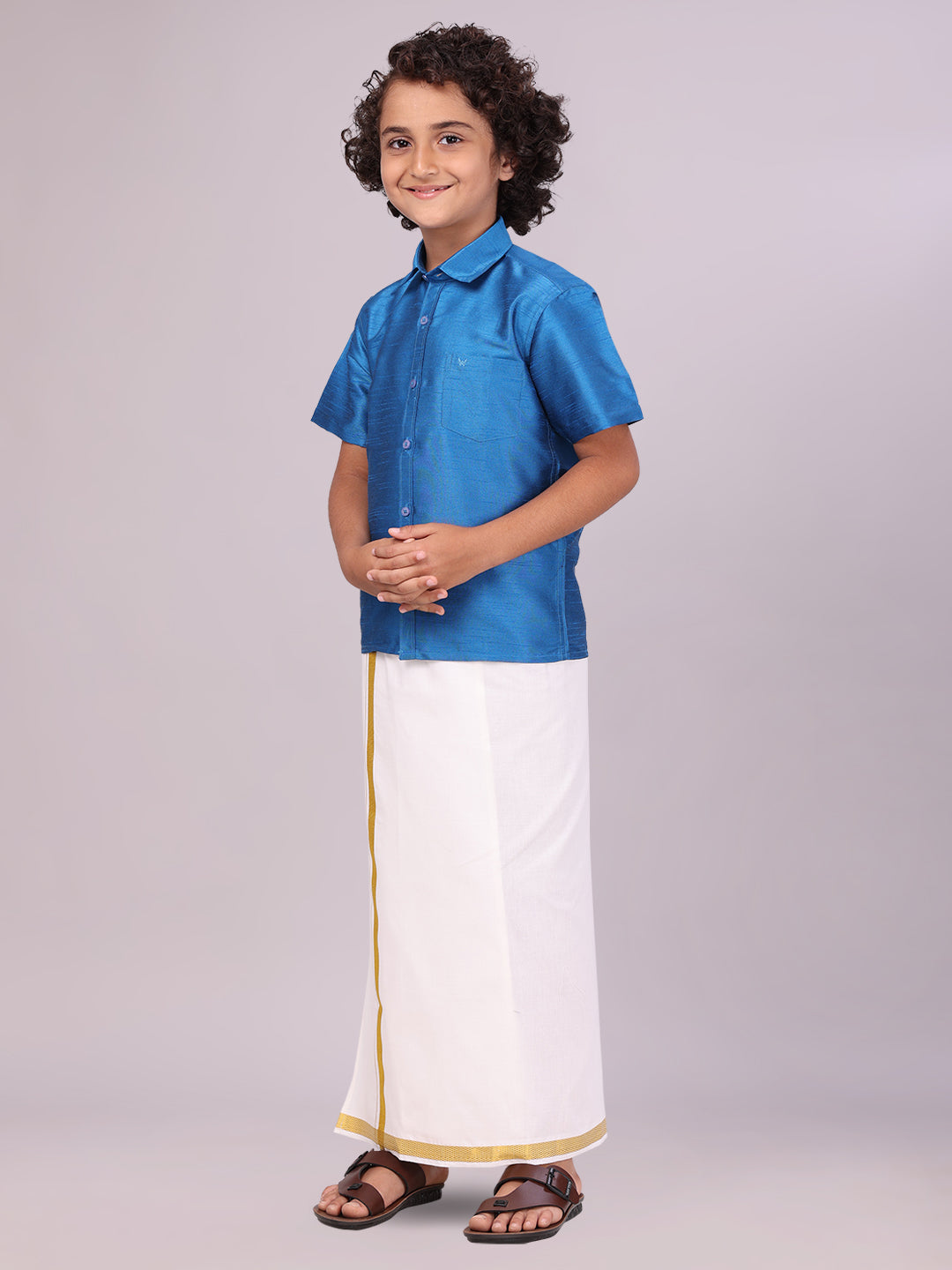 View details for Boys Blue Color Half Sleeves Shirt with Gold Jari Flexi Dhoti side pose