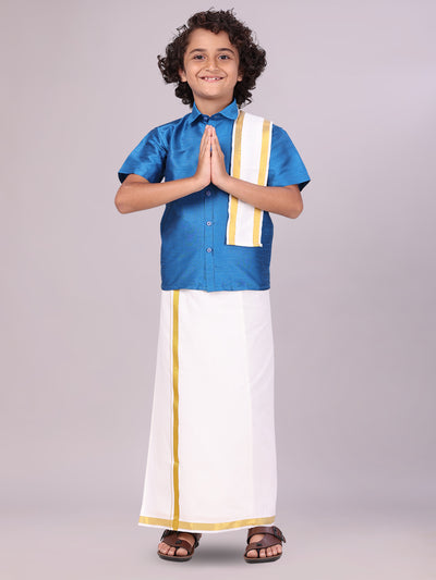 View details for Boys Blue Color Half Sleeves Shirt with Gold Jari Flexi Dhoti