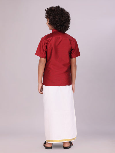 Boys Maroon Color Half Sleeves Shirt with Gold Jari Flexi Dhoti back pose