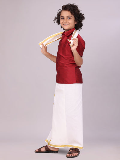 Boys Maroon Color Half Sleeves Shirt with Gold Jari Flexi Dhoti side pose