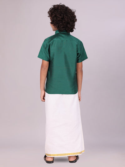 Boys Green Color Half Sleeves Shirt with Gold Jari Flexi Dhoti back pose