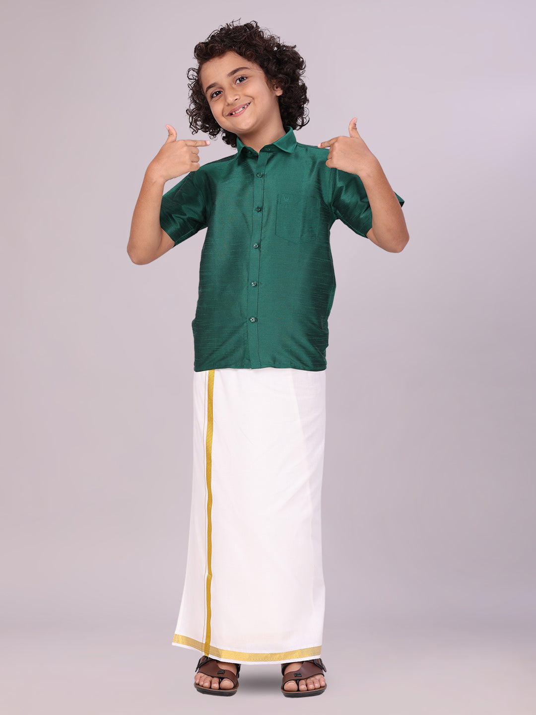 Boys Green Color Half Sleeves Shirt with Gold Jari Flexi Dhoti side pose