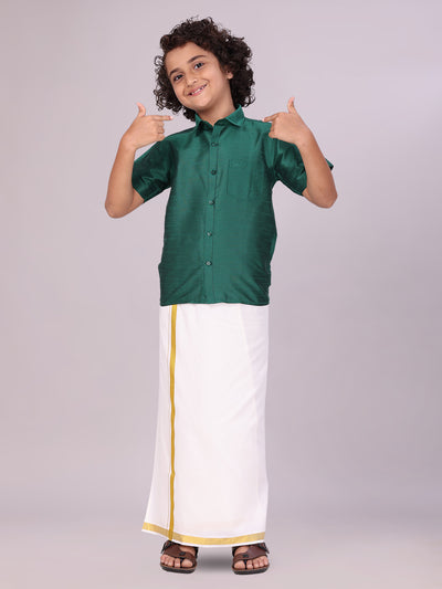 Boys Green Color Half Sleeves Shirt with Gold Jari Flexi Dhoti side pose