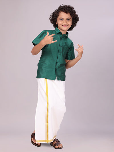 Boys Green Color Half Sleeves Shirt with Gold Jari Flexi Dhoti side pose