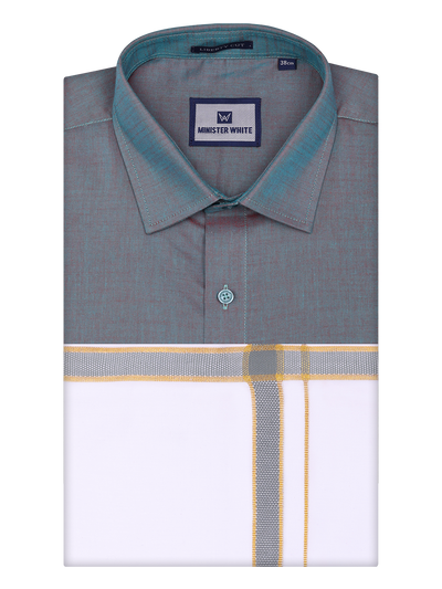 Mens Steel Grey Shirt with Matching Border Dhoti Combo Pinto by Minister White