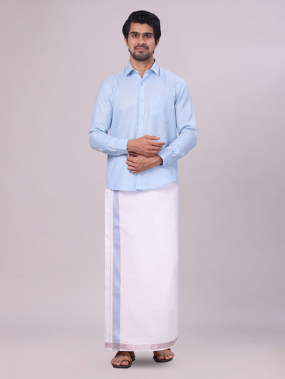 Men's Sky Blue Shirt with Matching jacquard Weave Border Dhoti Combo Marsh