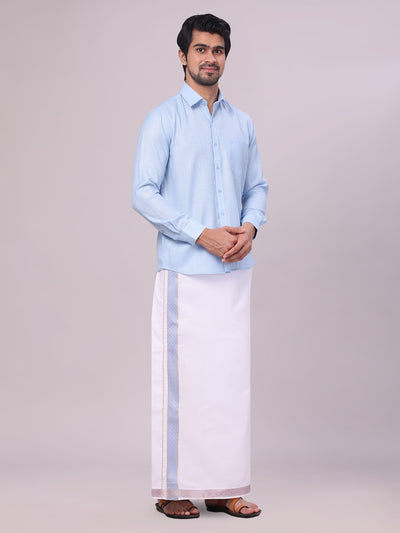 Men's Sky Blue Shirt with Matching jacquard Weave Border Dhoti Combo Marsh