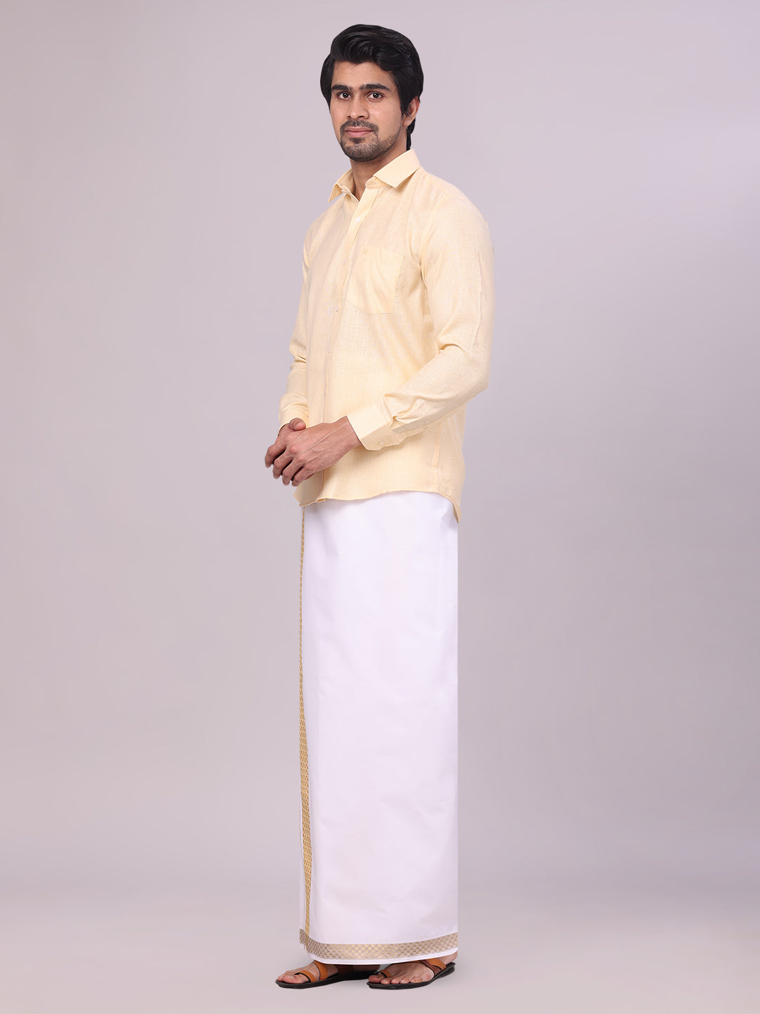Men's Sandal Shirt with Matching jacquard Weave Border Dhoti Combo Marsh side pose
