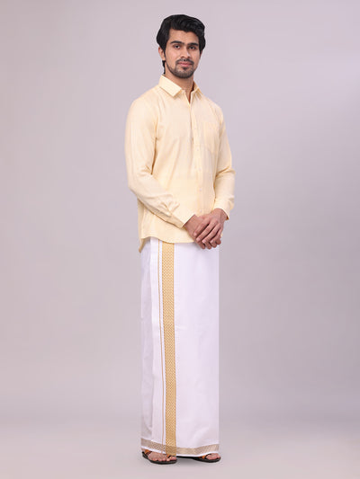 Men's Sandal Shirt with Matching jacquard Weave Border Dhoti Combo Marsh side pose