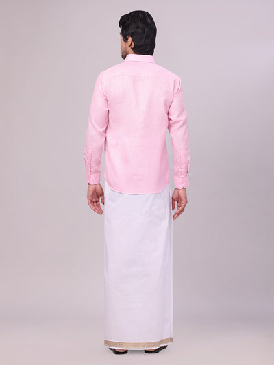 Men's Pink Shirt with Matching jacquard Weave Border Dhoti Combo Marsh back pose