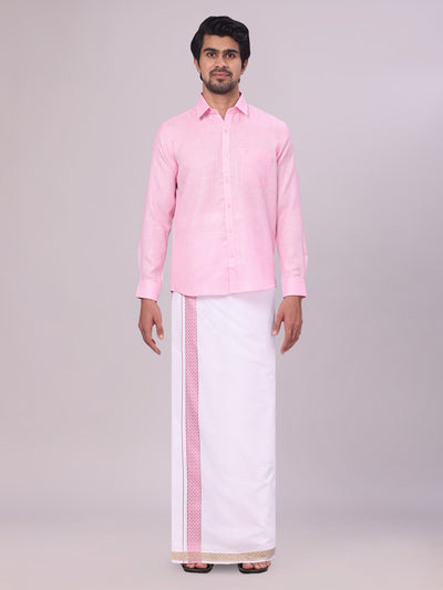 Men's Pink Shirt with Matching jacquard Weave Border Dhoti Combo Marsh