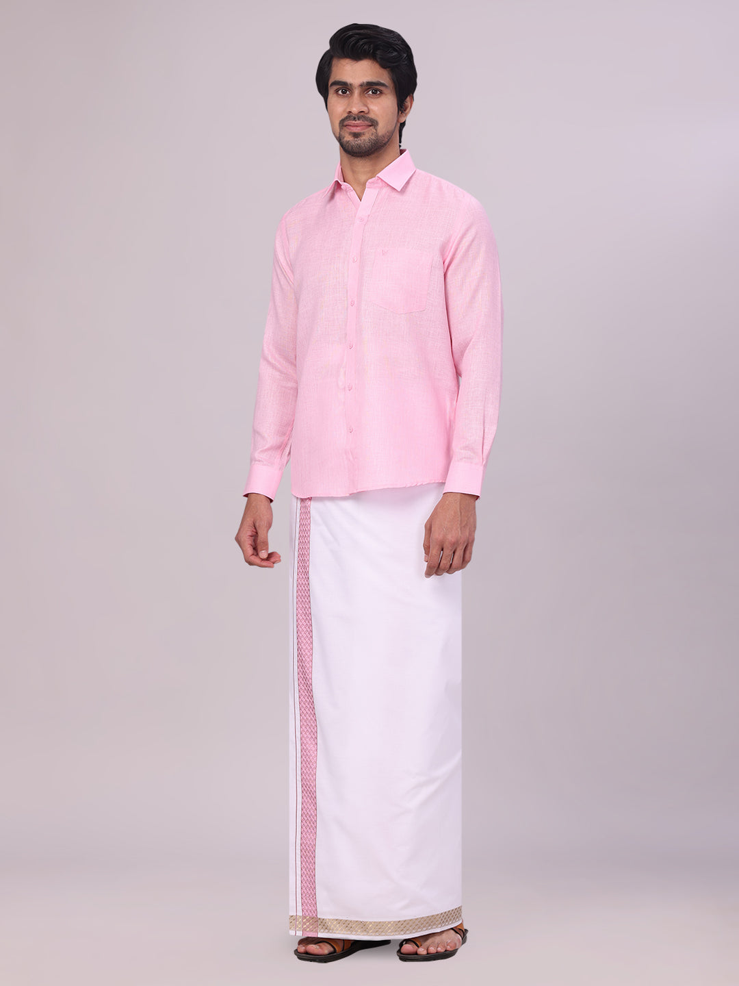 Men's Pink Shirt with Matching jacquard Weave Border Dhoti Combo Marsh side pose