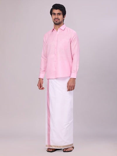 Men's Pink Shirt with Matching jacquard Weave Border Dhoti Combo Marsh side pose