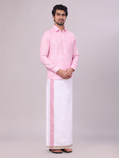Men's Pink Shirt with Matching jacquard Weave Border Dhoti Combo Marsh side pose