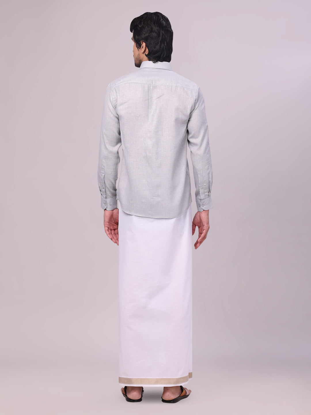 Men's Light Grey Shirt with Matching jacquard Weave Border Dhoti Combo Marsh back pose
