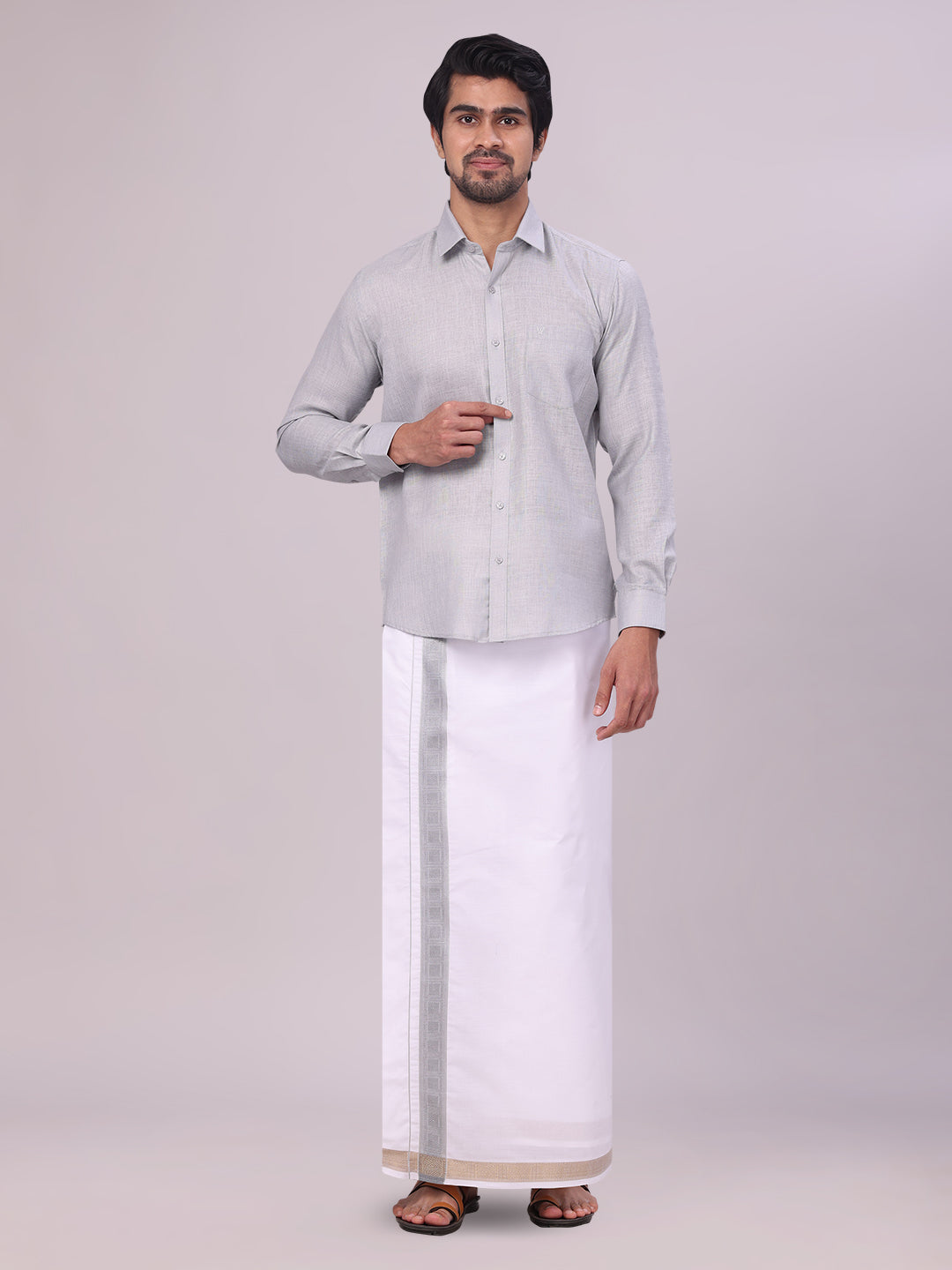 Men's Light Grey Shirt with Matching jacquard Weave Border Dhoti Combo Marsh