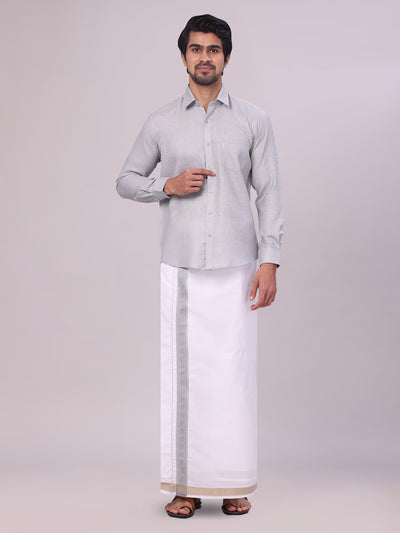 Men's Light Grey Shirt with Matching jacquard Weave Border Dhoti Combo Marsh