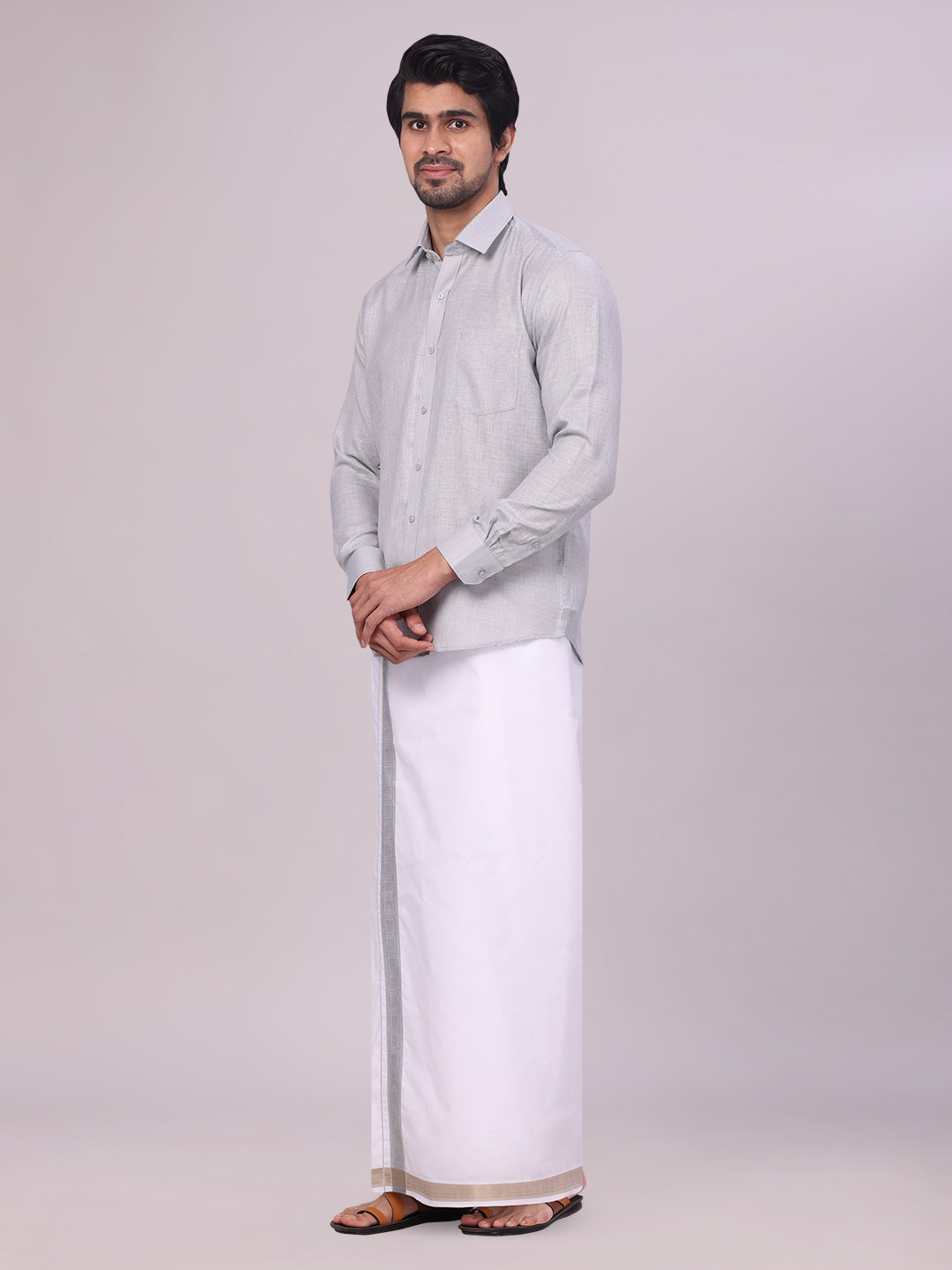 Men's Light Grey Shirt with Matching jacquard Weave Border Dhoti Combo Marsh side pose