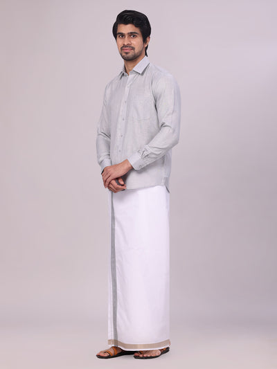 Men's Light Grey Shirt with Matching jacquard Weave Border Dhoti Combo Marsh side pose