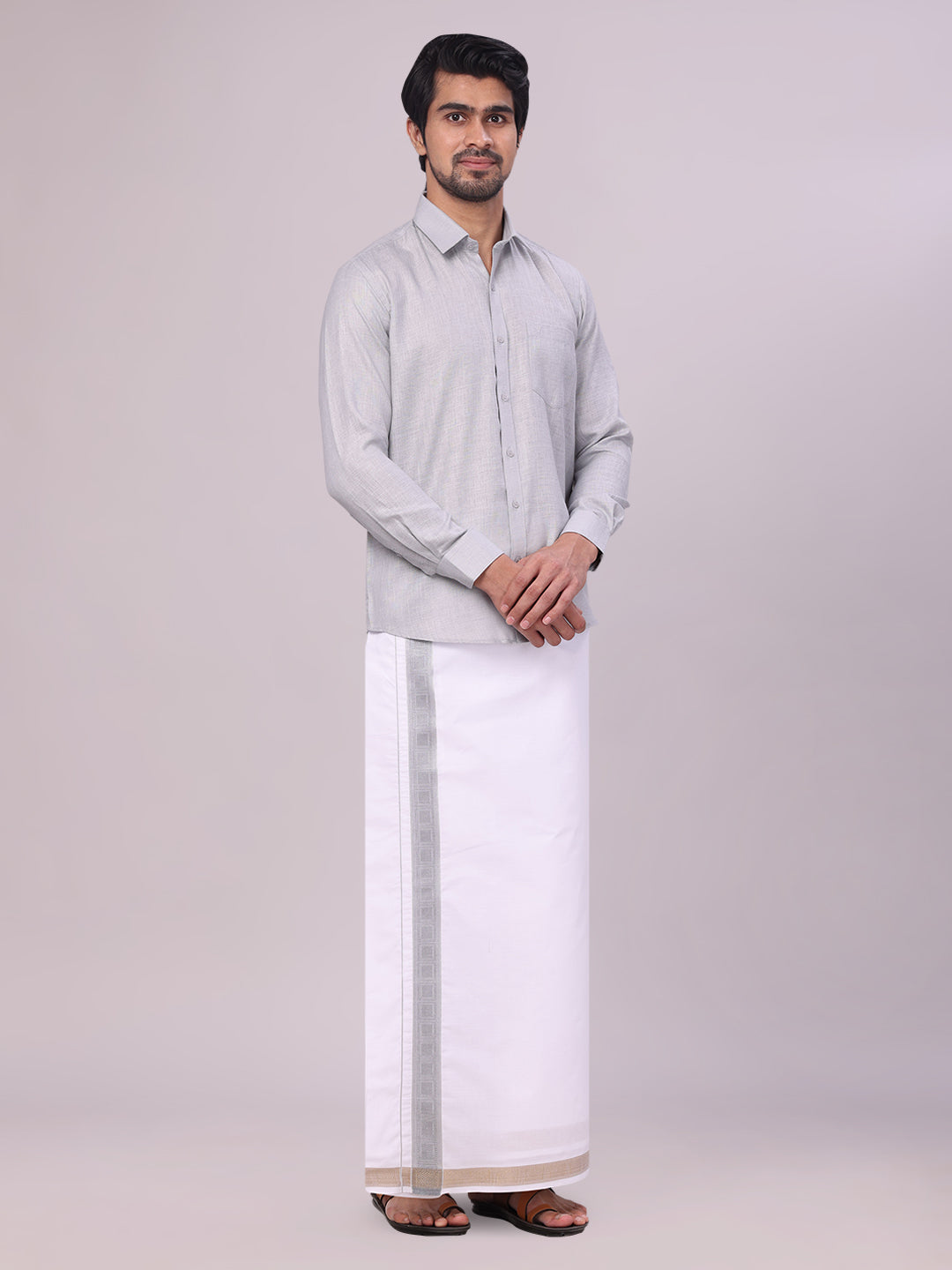 Men's Light Grey Shirt with Matching jacquard Weave Border Dhoti Combo Marsh side pose