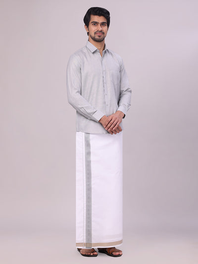 Men's Light Grey Shirt with Matching jacquard Weave Border Dhoti Combo Marsh side pose