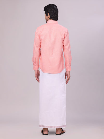 Men's Coral Pink Shirt with Matching jacquard Weave Border Dhoti Combo Marsh back pose