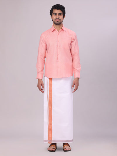 Men's Coral Pink Shirt with Matching jacquard Weave Border Dhoti Combo Marsh