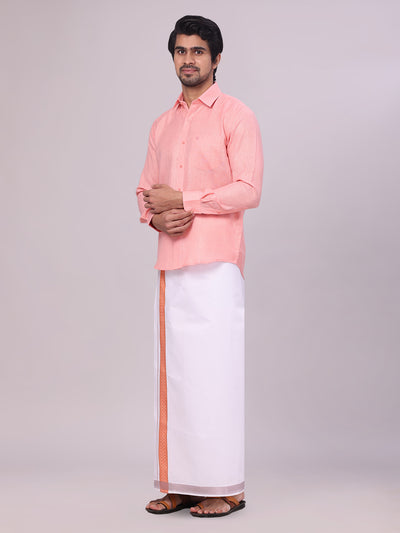 Men's Coral Pink Shirt with Matching jacquard Weave Border Dhoti Combo Marsh side pose