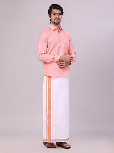 Men's Coral Pink Shirt with Matching jacquard Weave Border Dhoti Combo Marsh side pose