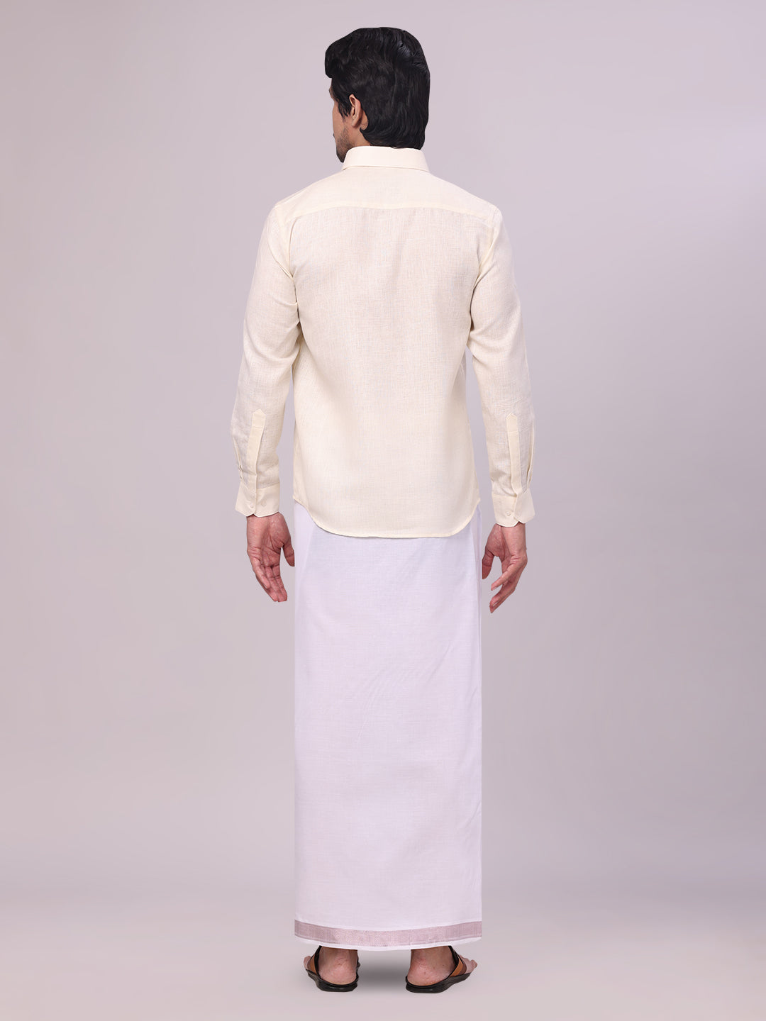 Men's Cream Shirt with Matching jacquard Weave Border Dhoti Combo Marsh back pose